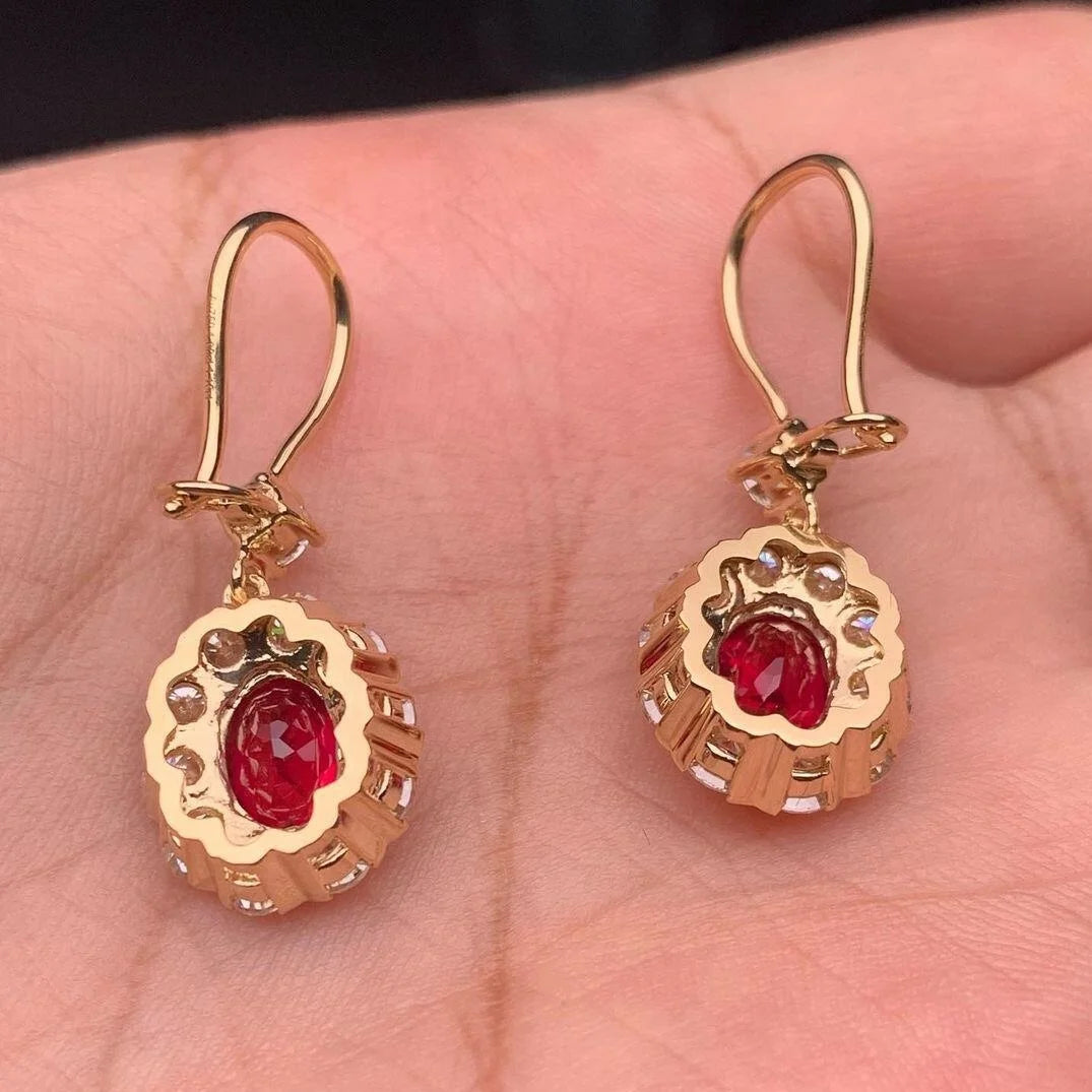 18k Gold Earrings with Lab Grown Ruby 6x8mm and Small Size Moissanited Diamond Earring Jewelry for Women