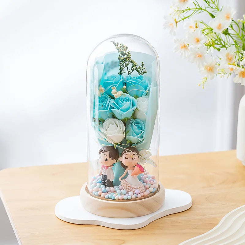 Valentine's Day Gift Soap Flower Glass Cover Night Light Birthday Gift Practical for Girls High Sense of Tanabata Bouquet
