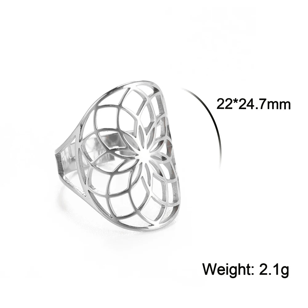 Unift Sacred Geometry Flower of Life Ring Adjustable Stainless Steel Ring Men Women Accessories Vintage Filigree Viking Jewelry