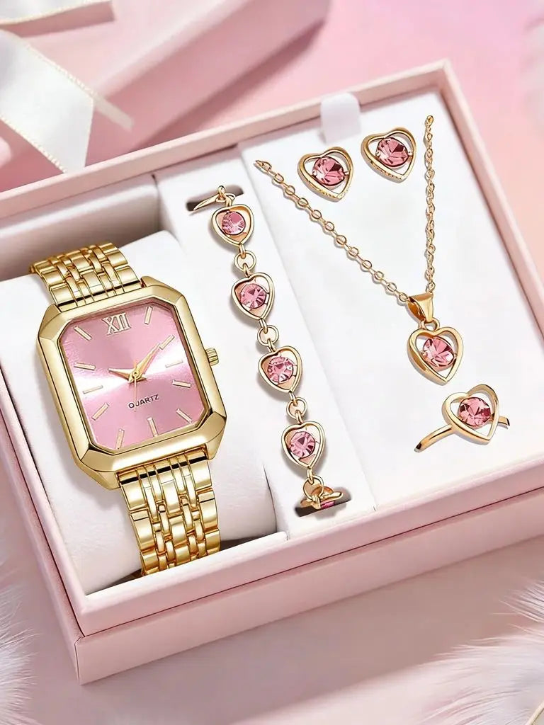 Classic Round Dial Leather Watch & Jewelry Gift Set