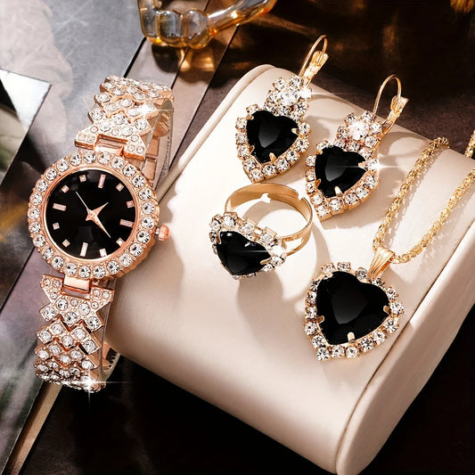 5-piece women's fashionable retro quartz watch and crystal jewelry set
