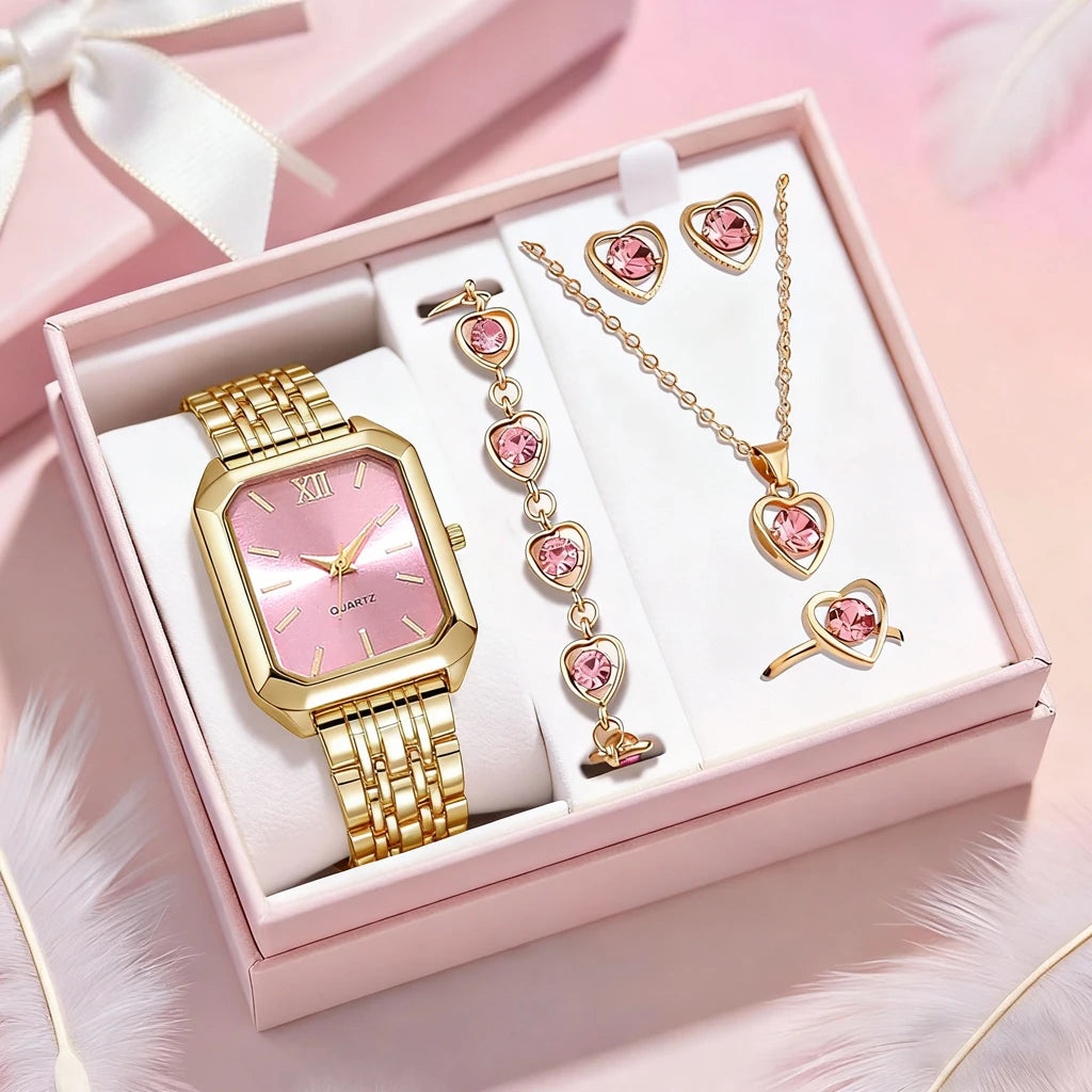 Classic Round Dial Leather Watch & Jewelry Gift Set