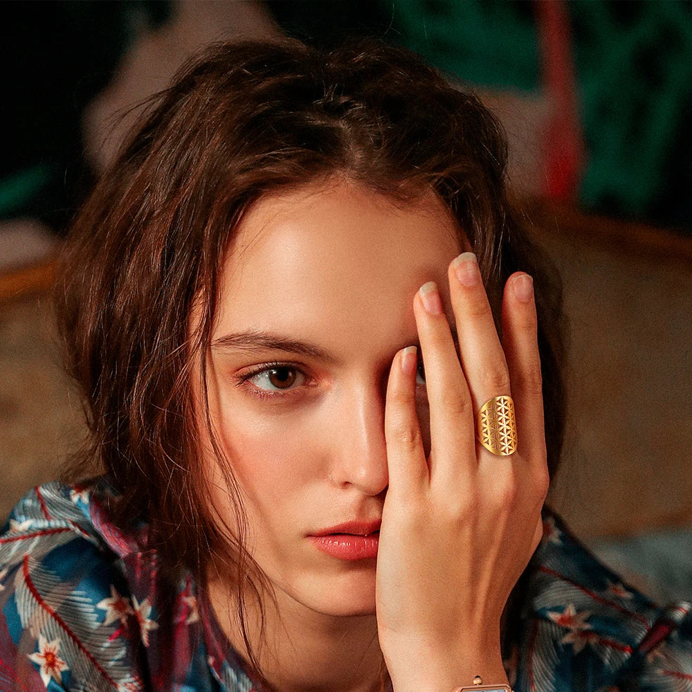 Unift Sacred Geometry Flower of Life Ring Adjustable Stainless Steel Ring Men Women Accessories Vintage Filigree Viking Jewelry