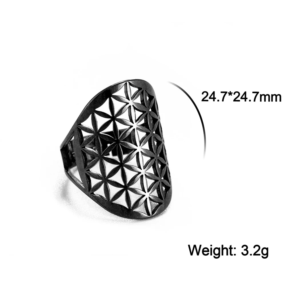 Unift Sacred Geometry Flower of Life Ring Adjustable Stainless Steel Ring Men Women Accessories Vintage Filigree Viking Jewelry