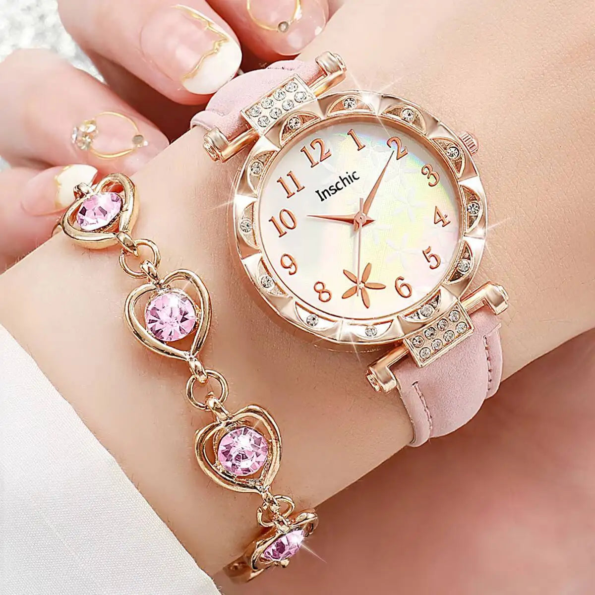 6PCS/Set Fashion Flowers Dial Women's Quartz Watch Leather Band Watches Rhinestone Jewelry Set（Without Box）