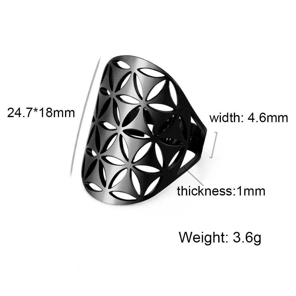 Unift Sacred Geometry Flower of Life Ring Adjustable Stainless Steel Ring Men Women Accessories Vintage Filigree Viking Jewelry