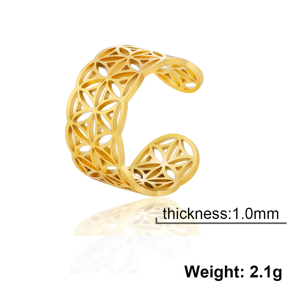 Unift Sacred Geometry Flower of Life Ring Adjustable Stainless Steel Ring Men Women Accessories Vintage Filigree Viking Jewelry