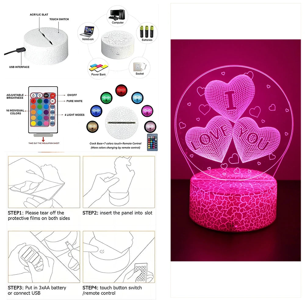 3D Lamp LED Night Light illusion I Love You Gadget Heart Bedroom Desk Lamps Home Decor Romantic Night Love Valentine's Day Gifts