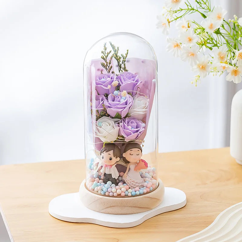 Valentine's Day Gift Soap Flower Glass Cover Night Light Birthday Gift Practical for Girls High Sense of Tanabata Bouquet