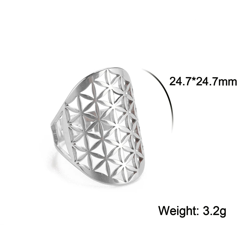 Unift Sacred Geometry Flower of Life Ring Adjustable Stainless Steel Ring Men Women Accessories Vintage Filigree Viking Jewelry