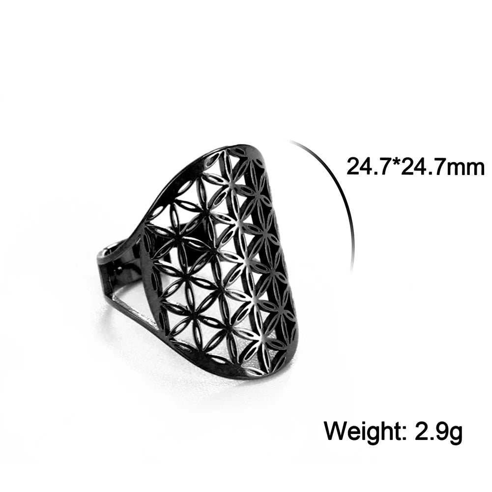 Unift Sacred Geometry Flower of Life Ring Adjustable Stainless Steel Ring Men Women Accessories Vintage Filigree Viking Jewelry