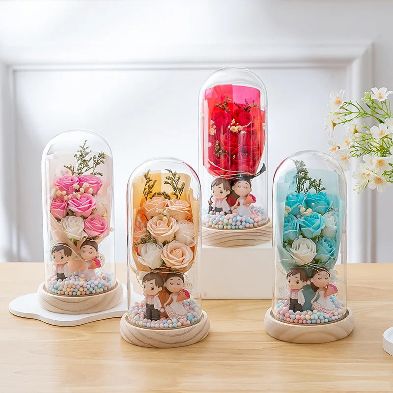 Valentine's Day Gift Soap Flower Glass Cover Night Light Birthday Gift Practical for Girls High Sense of Tanabata Bouquet