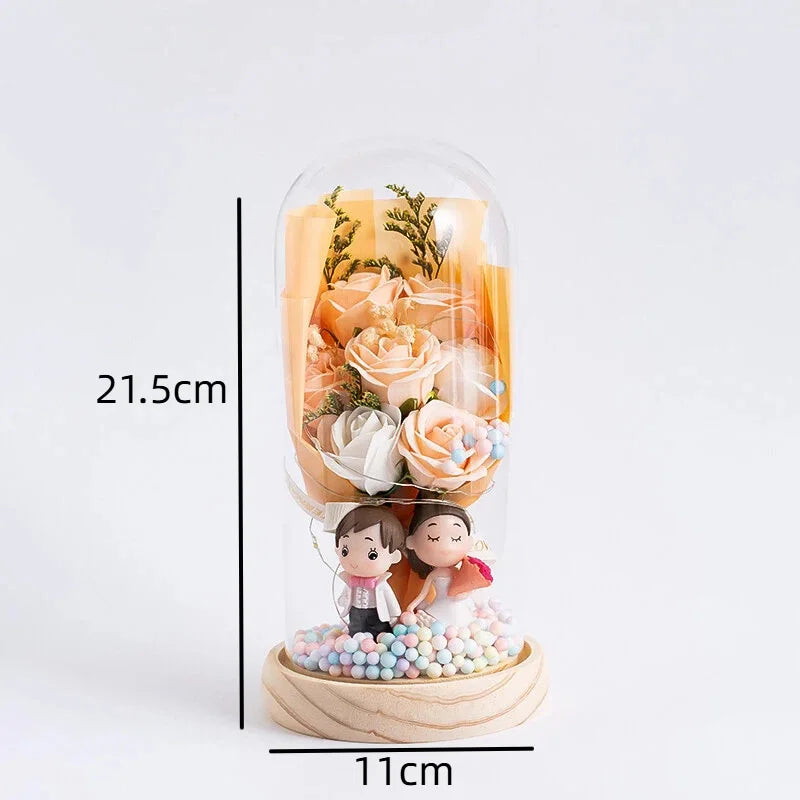 Valentine's Day Gift Soap Flower Glass Cover Night Light Birthday Gift Practical for Girls High Sense of Tanabata Bouquet