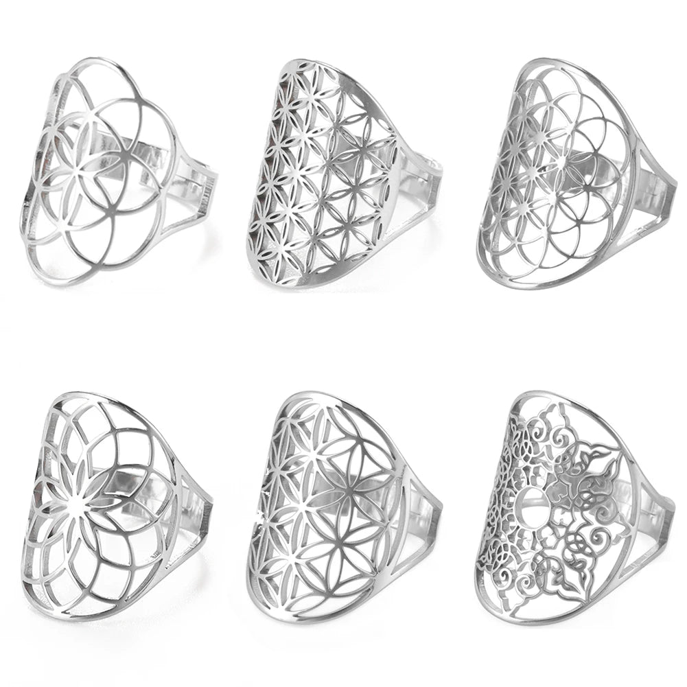 Unift Sacred Geometry Flower of Life Ring Adjustable Stainless Steel Ring Men Women Accessories Vintage Filigree Viking Jewelry