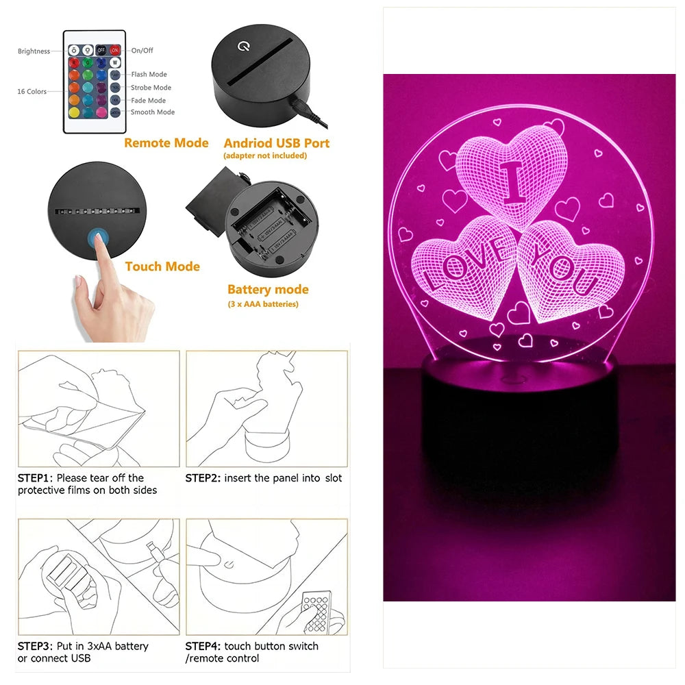 3D Lamp LED Night Light illusion I Love You Gadget Heart Bedroom Desk Lamps Home Decor Romantic Night Love Valentine's Day Gifts