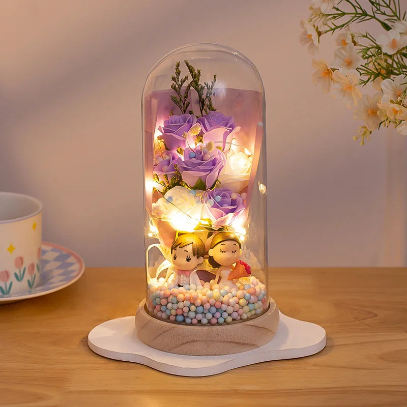 Valentine's Day Gift Soap Flower Glass Cover Night Light Birthday Gift Practical for Girls High Sense of Tanabata Bouquet