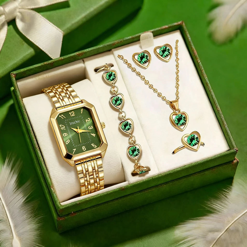 Classic Round Dial Leather Watch & Jewelry Gift Set