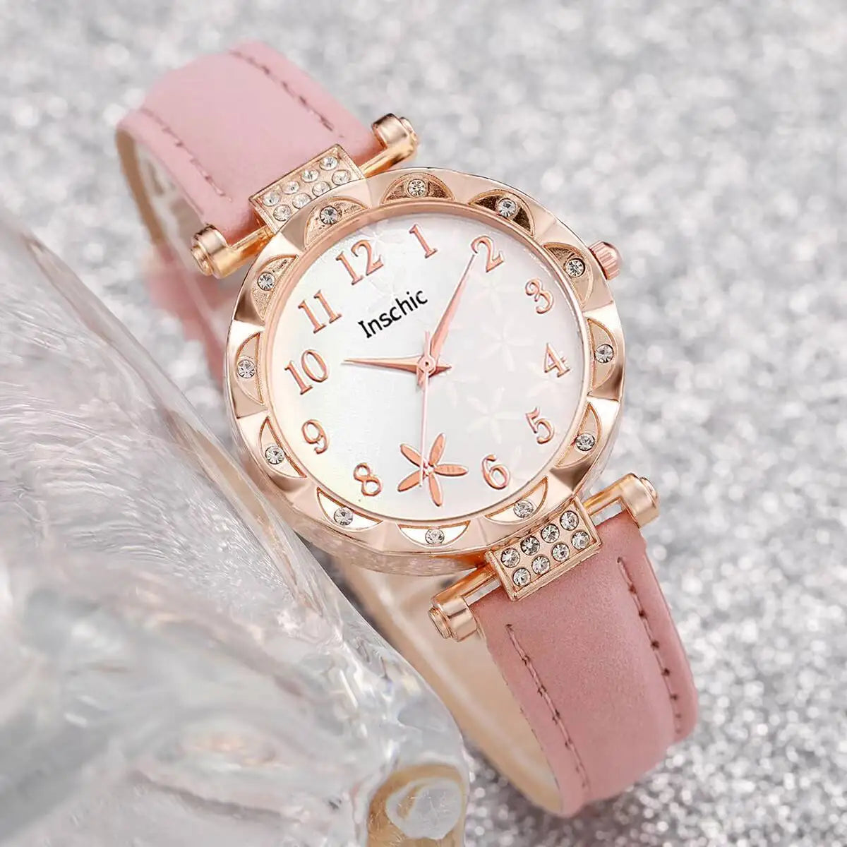6PCS/Set Fashion Flowers Dial Women's Quartz Watch Leather Band Watches Rhinestone Jewelry Set（Without Box）