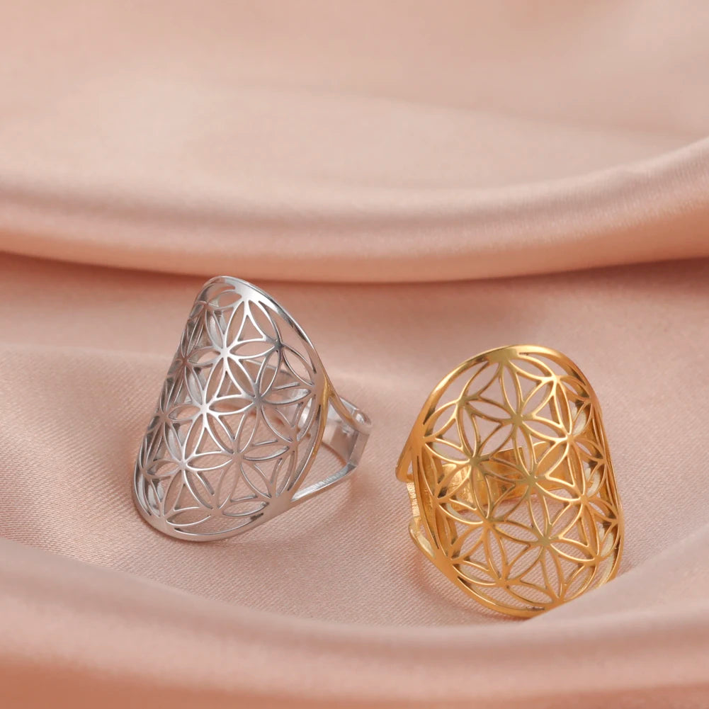 Unift Sacred Geometry Flower of Life Ring Adjustable Stainless Steel Ring Men Women Accessories Vintage Filigree Viking Jewelry