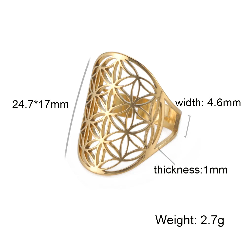 Unift Sacred Geometry Flower of Life Ring Adjustable Stainless Steel Ring Men Women Accessories Vintage Filigree Viking Jewelry