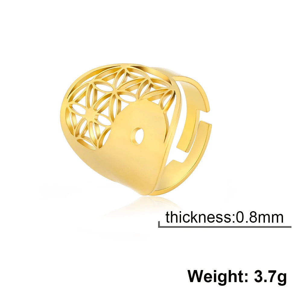 Unift Sacred Geometry Flower of Life Ring Adjustable Stainless Steel Ring Men Women Accessories Vintage Filigree Viking Jewelry