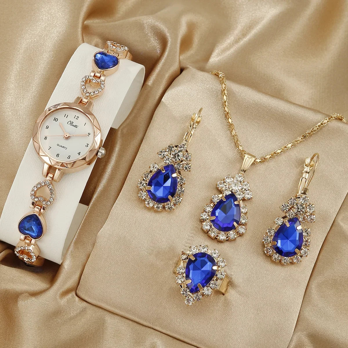 Gold-Blue Rhinestone Watch Jewelry Set