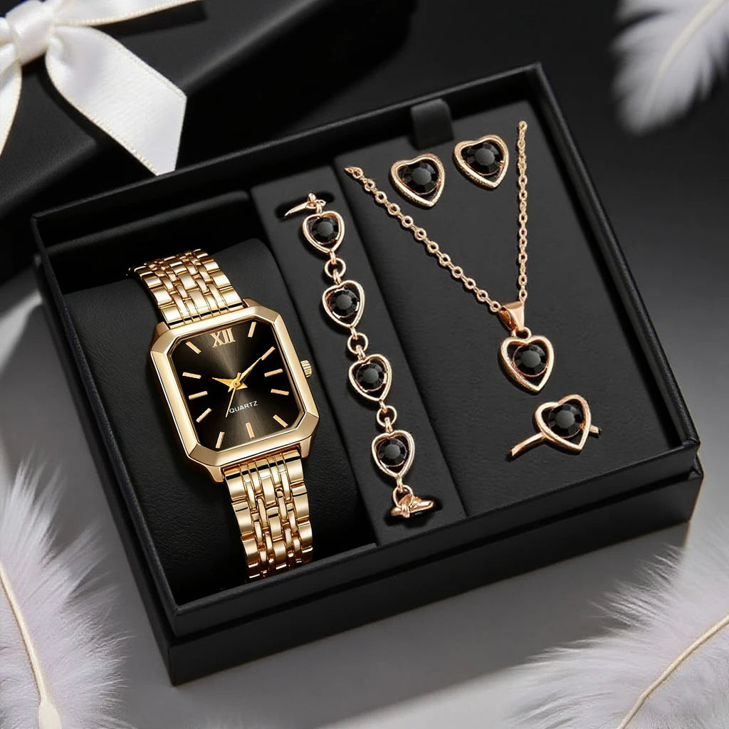 Classic Round Dial Leather Watch & Jewelry Gift Set