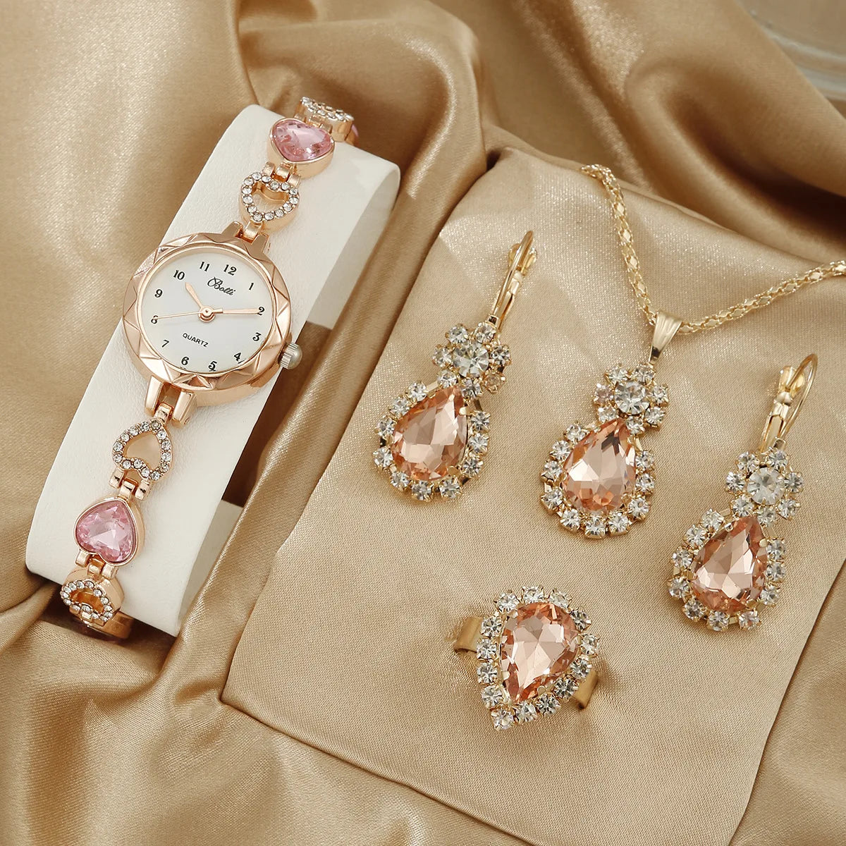 Gold-Blue Rhinestone Watch Jewelry Set