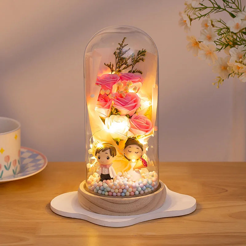 Valentine's Day Gift Soap Flower Glass Cover Night Light Birthday Gift Practical for Girls High Sense of Tanabata Bouquet