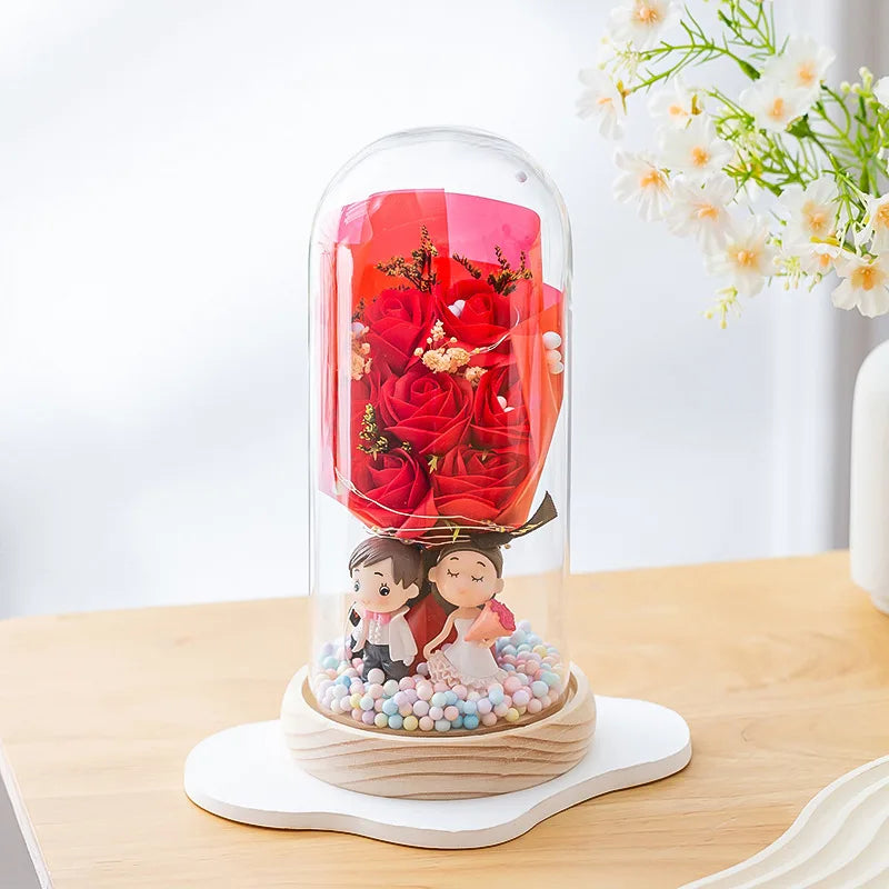 Valentine's Day Gift Soap Flower Glass Cover Night Light Birthday Gift Practical for Girls High Sense of Tanabata Bouquet