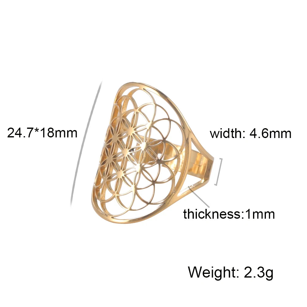 Unift Sacred Geometry Flower of Life Ring Adjustable Stainless Steel Ring Men Women Accessories Vintage Filigree Viking Jewelry