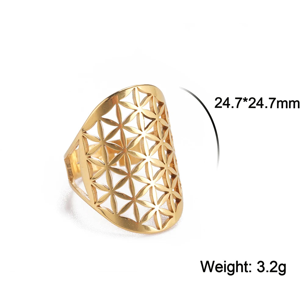 Unift Sacred Geometry Flower of Life Ring Adjustable Stainless Steel Ring Men Women Accessories Vintage Filigree Viking Jewelry