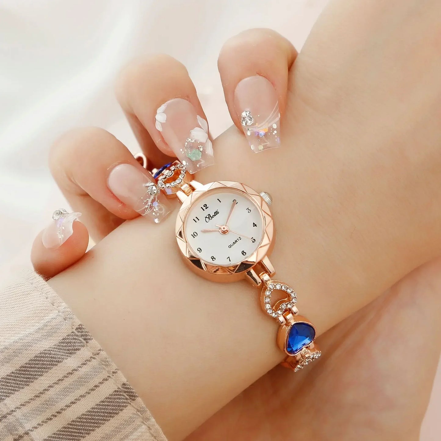 Gold-Blue Rhinestone Watch Jewelry Set