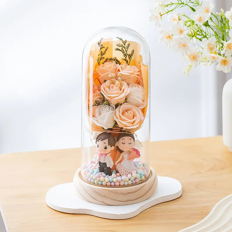 Valentine's Day Gift Soap Flower Glass Cover Night Light Birthday Gift Practical for Girls High Sense of Tanabata Bouquet
